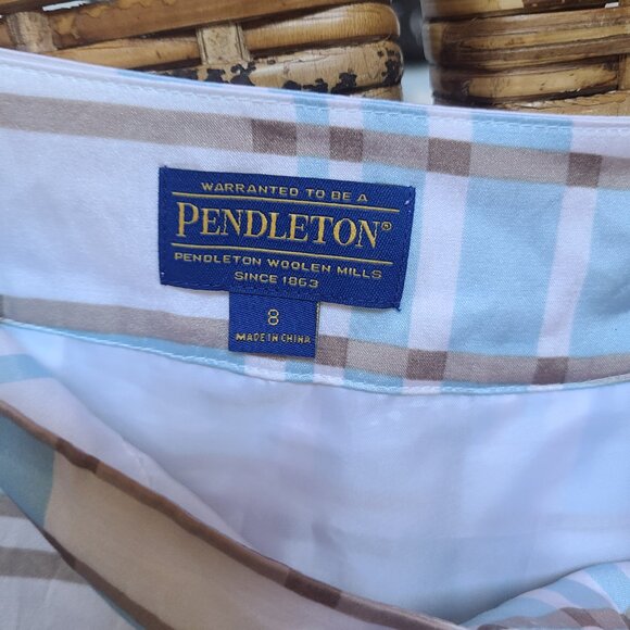 Pendleton Silk Cotton Blend Skirt Knee Length Lined SZ 8 Blue White Taupe Pleat - Picture 5 of 5
